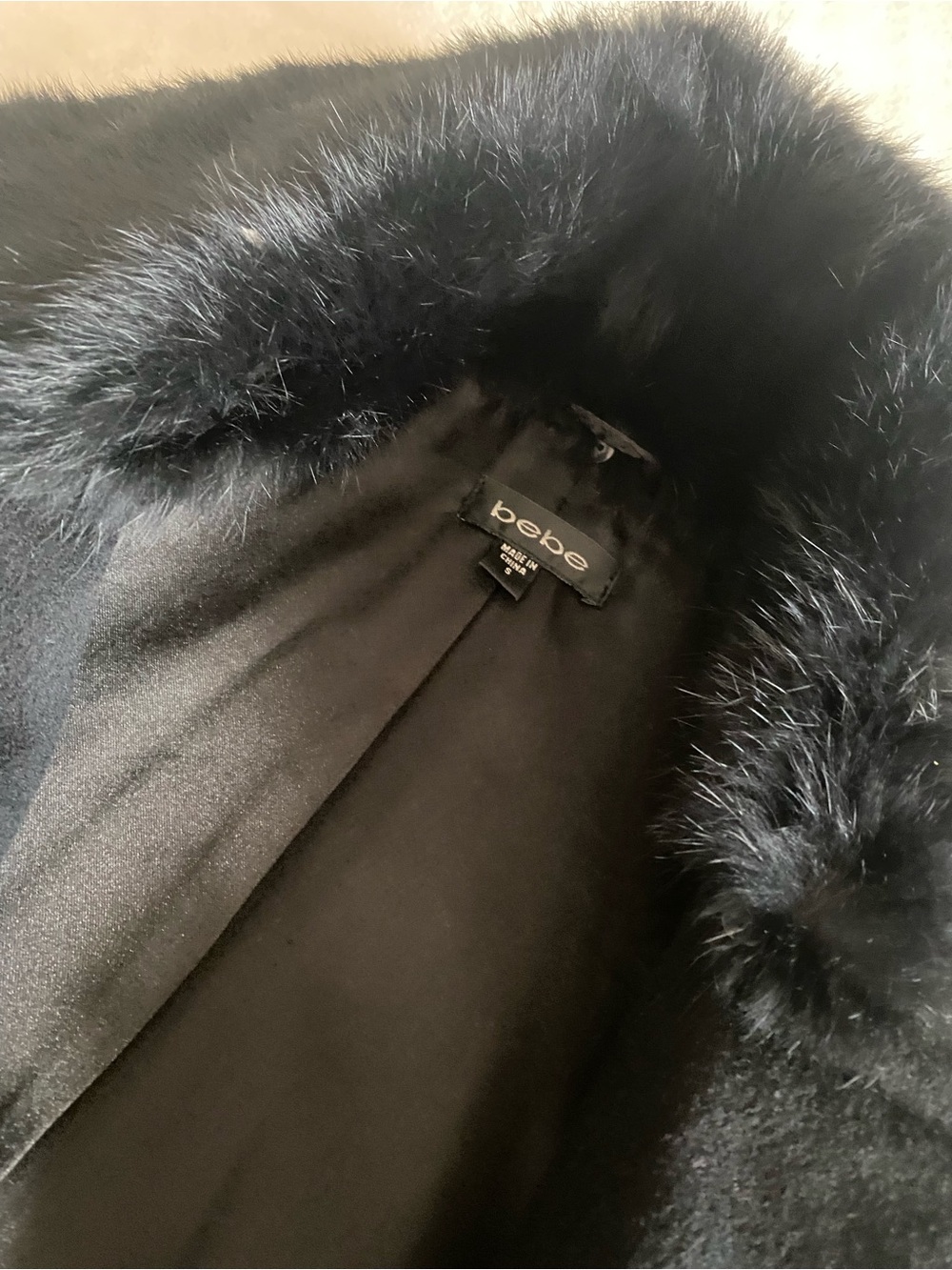 bebe Black Double-Breasted Trench Coat with Faux Fur Collar - Picture 7 of 9